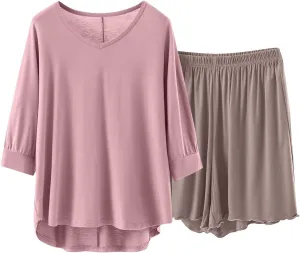 3/4 Sleeve Soft Modal Pajama Sets for Women Summer Shorts Sleepwear Loose V Neck Loungewear Set 2 Piece Outfits