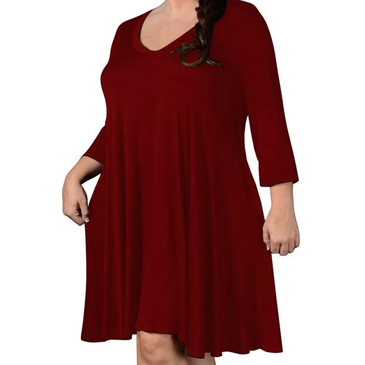 3/4 sleeve Solid Color Plus size casual Dresses