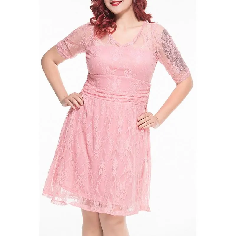 3/4 Sleeve Solid Color Round neck Lace Plus size casual Dresses