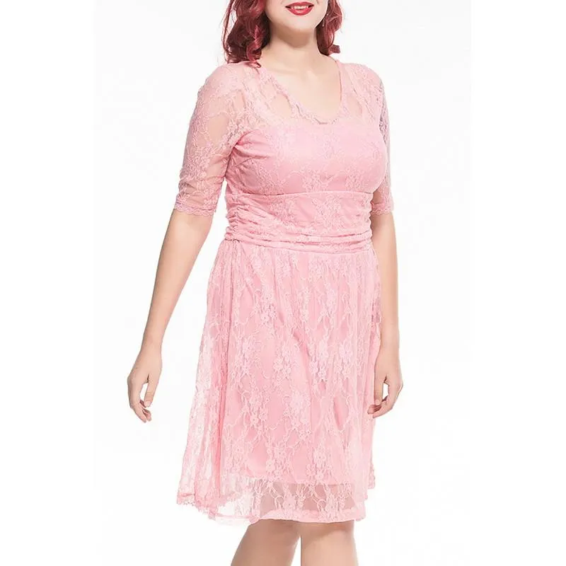 3/4 Sleeve Solid Color Round neck Lace Plus size casual Dresses