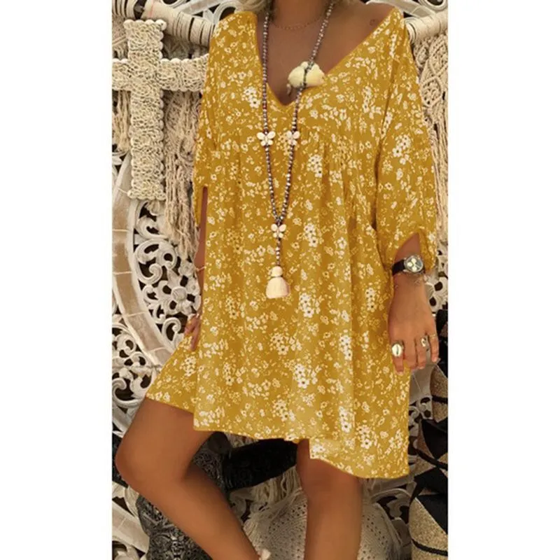 3/4 Sleeves Deep V-neck Floral Print Women Loose Short Dress