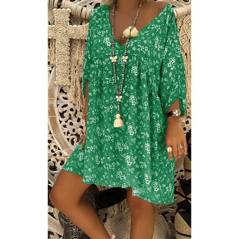 3/4 Sleeves Deep V-neck Floral Print Women Loose Short Dress