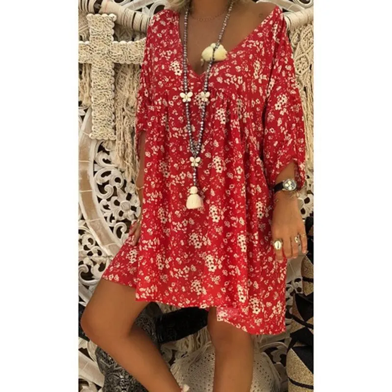 3/4 Sleeves Deep V-neck Floral Print Women Loose Short Dress