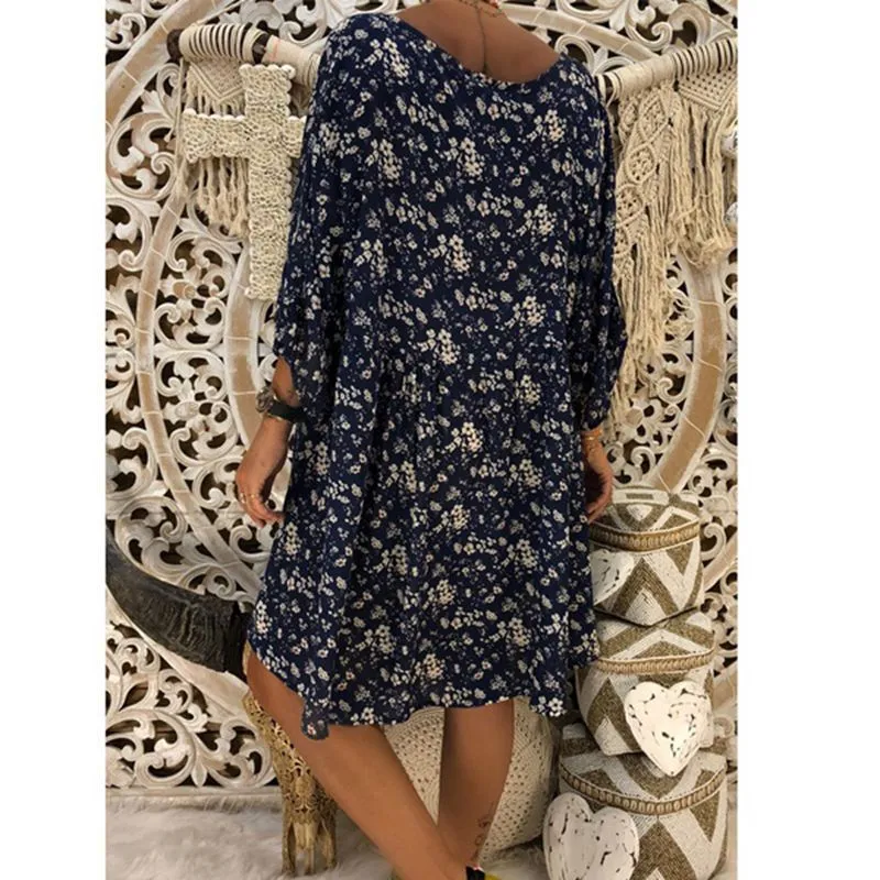 3/4 Sleeves Deep V-neck Floral Print Women Loose Short Dress