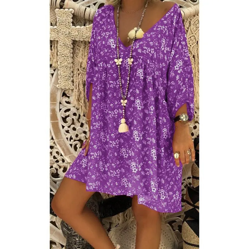 3/4 Sleeves Deep V-neck Floral Print Women Loose Short Dress