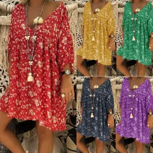 3/4 Sleeves Deep V-neck Floral Print Women Loose Short Dress