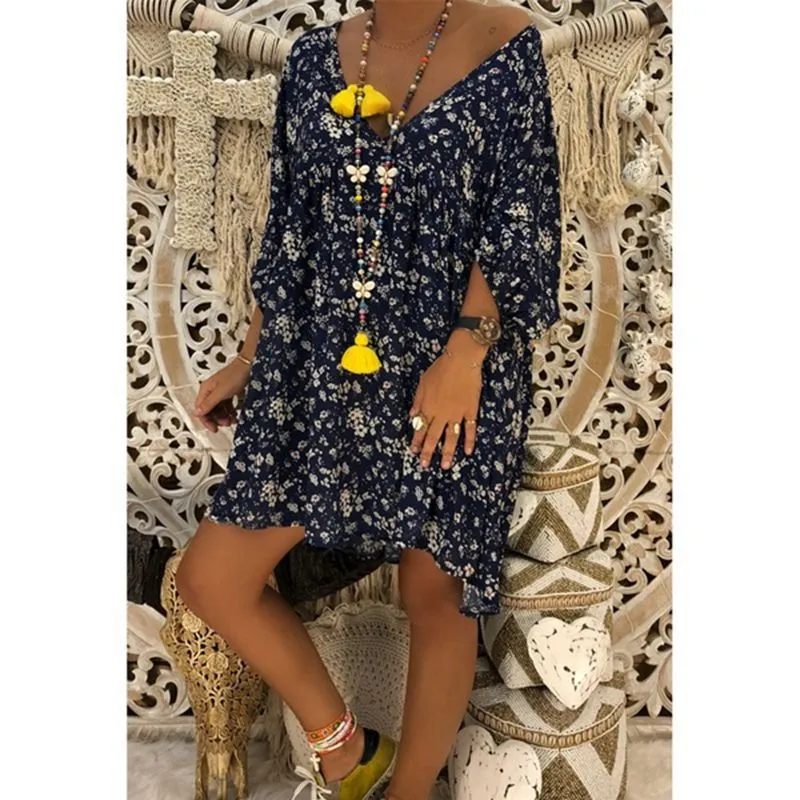 3/4 Sleeves Deep V-neck Floral Print Women Loose Short Dress