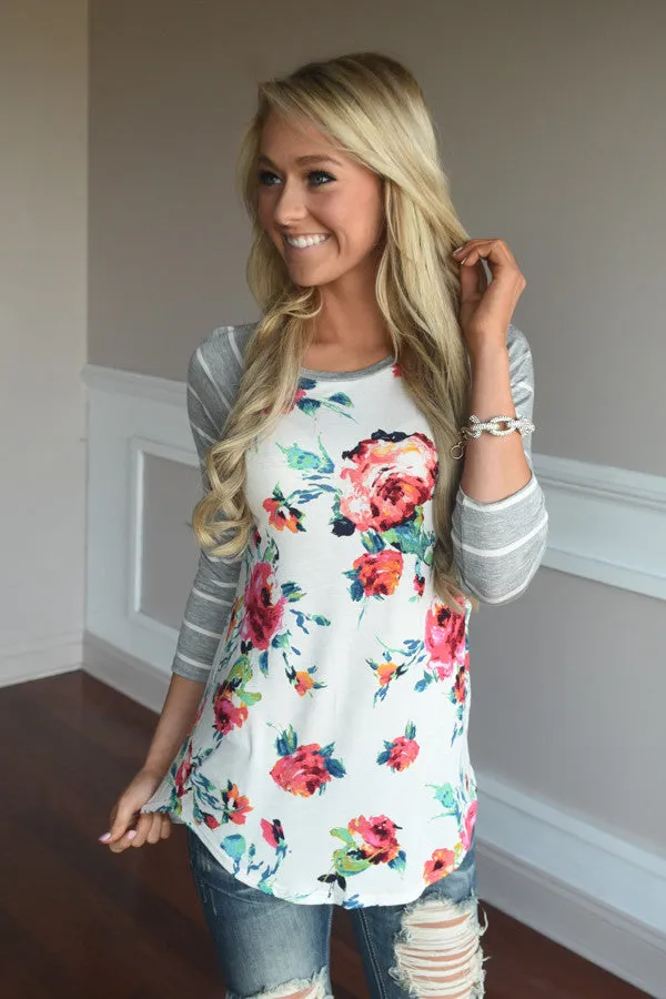 3/4 Sleeves Flower Print Patchwork Scoop Regular T-shirt