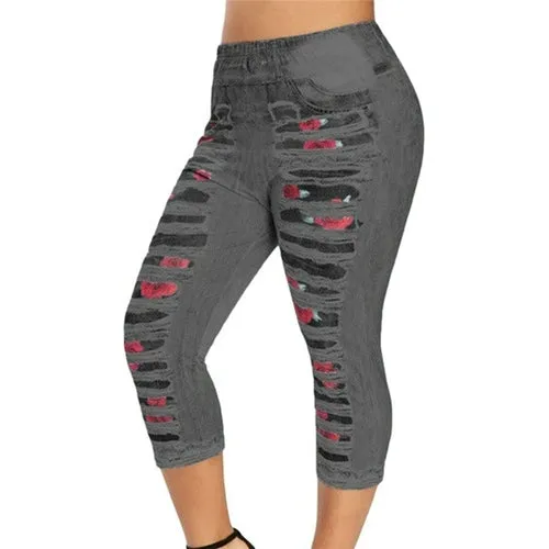 3D Print Fake Jeans Leggings Women Plus Size High Waist Imitation