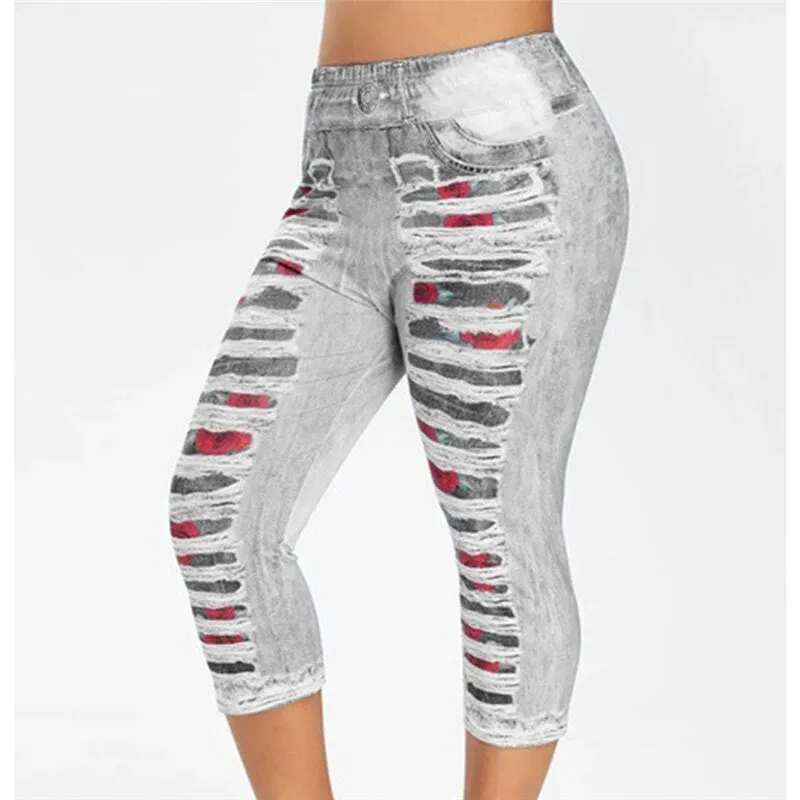3D Print Fake Jeans Leggings Women Plus Size High Waist Imitation