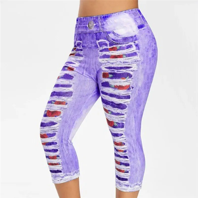 3D Print Fake Jeans Leggings Women Plus Size High Waist Imitation