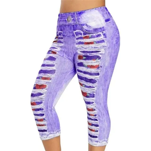 3D Print Fake Jeans Leggings Women Plus Size High Waist Imitation