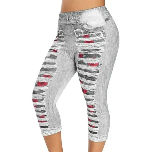 3D Print Fake Jeans Leggings Women Plus Size High Waist Imitation