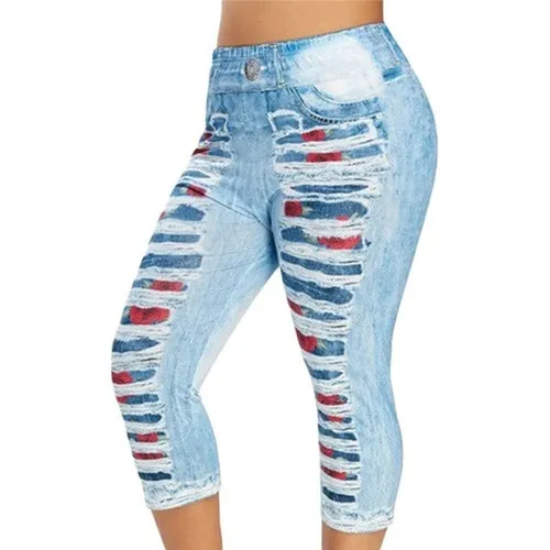 3D Print Fake Jeans Leggings Women Plus Size High Waist Imitation
