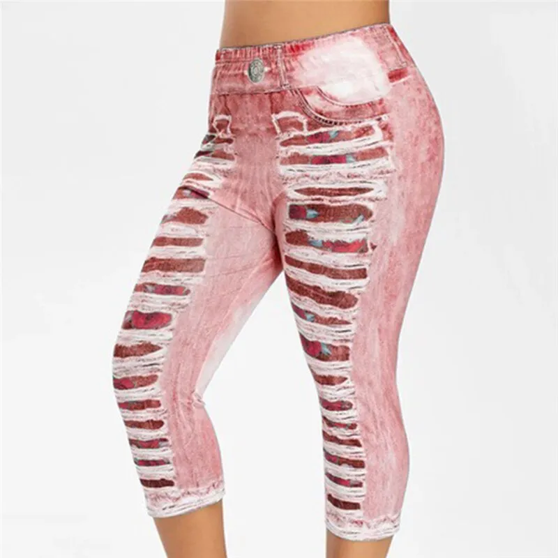 3D Print Fake Jeans Leggings Women Plus Size High Waist Imitation