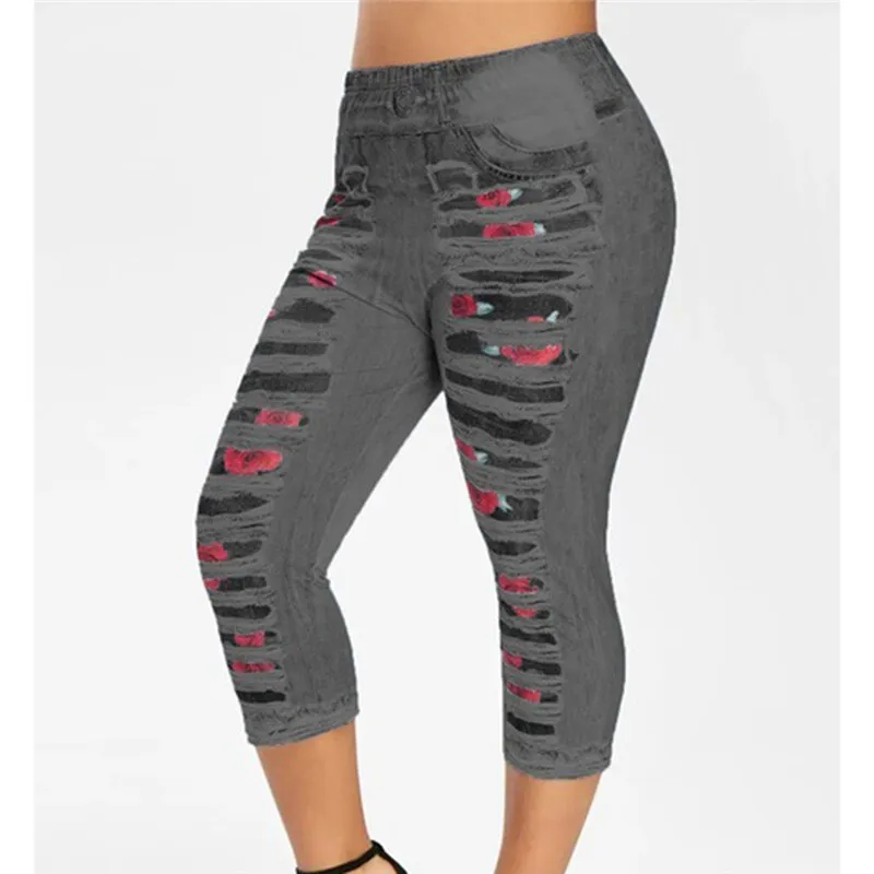 3D Print Fake Jeans Leggings Women Plus Size High Waist Imitation