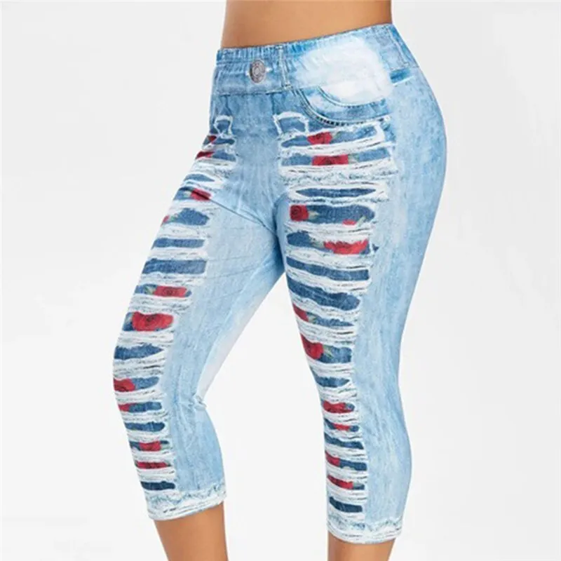 3D Print Fake Jeans Leggings Women Plus Size High Waist Imitation
