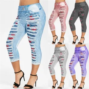 3D Print Fake Jeans Leggings Women Plus Size High Waist Imitation