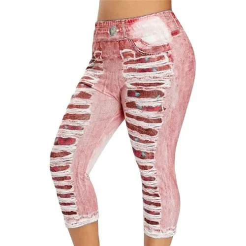 3D Print Fake Jeans Leggings Women Plus Size High Waist Imitation