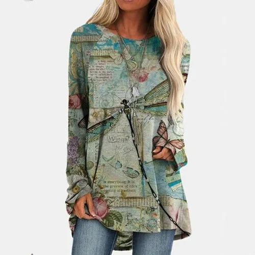 3xl Plus Size Butterfly Printing Blouse Fashion O neck Long Sleeve
