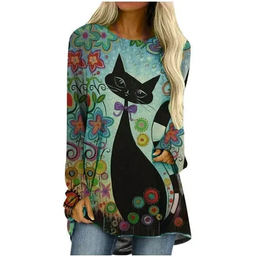 3xl Plus Size Butterfly Printing Blouse Fashion O neck Long Sleeve