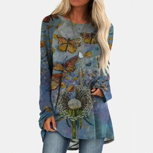 3xl Plus Size Butterfly Printing Blouse Fashion O neck Long Sleeve