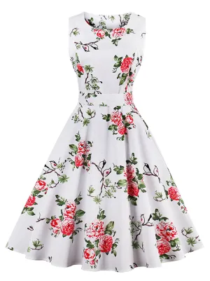 50s Vintage Floral Print Sleeveless Midi Swing Dress