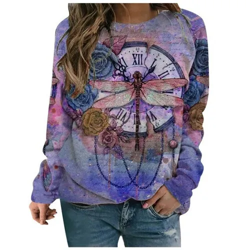 5xl Plus Size Butterfly Printing Blouses Women Round Neck Long Sleeves