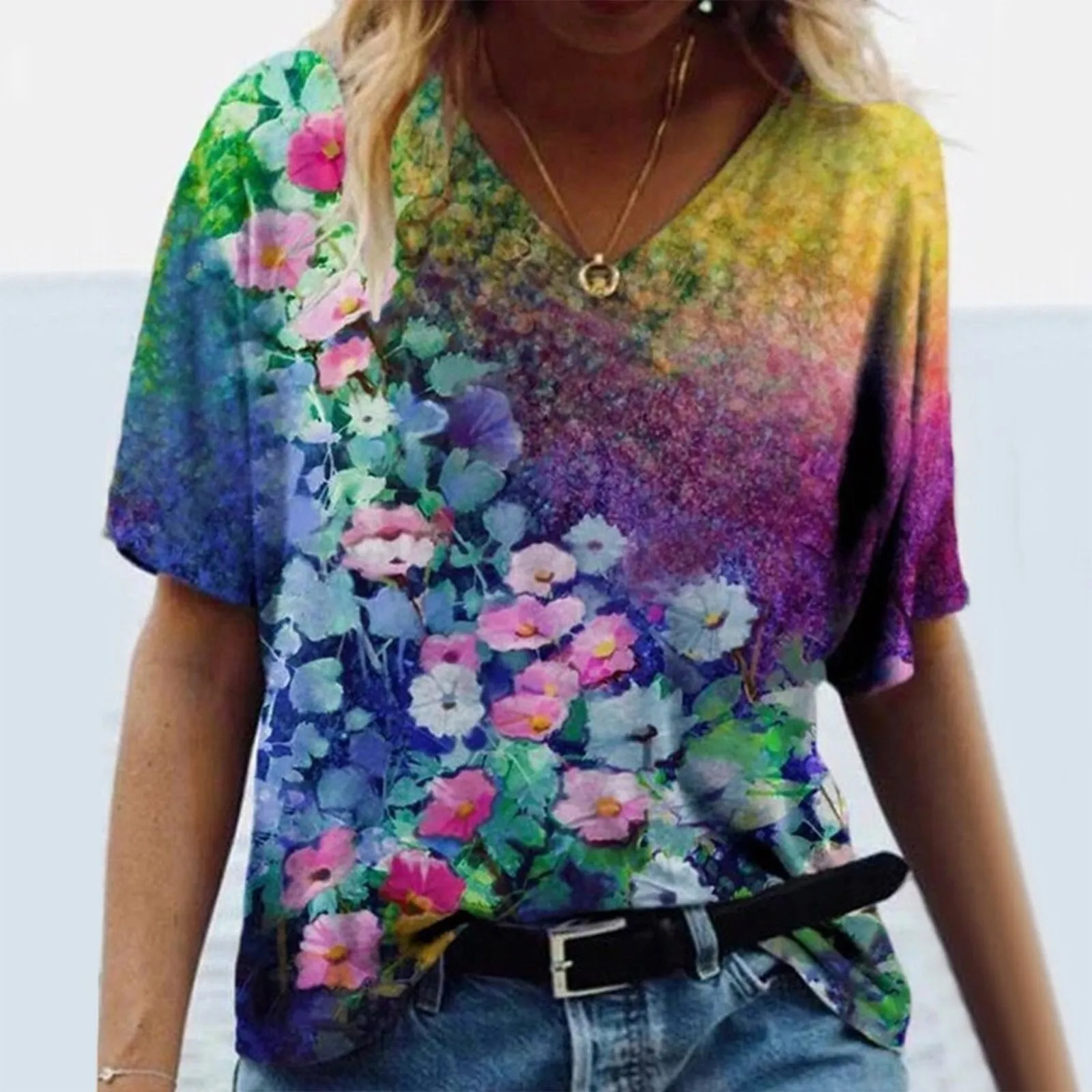 5xl Plus Size Floral Blouses Women Printing Short Sleeve Shirts V neck