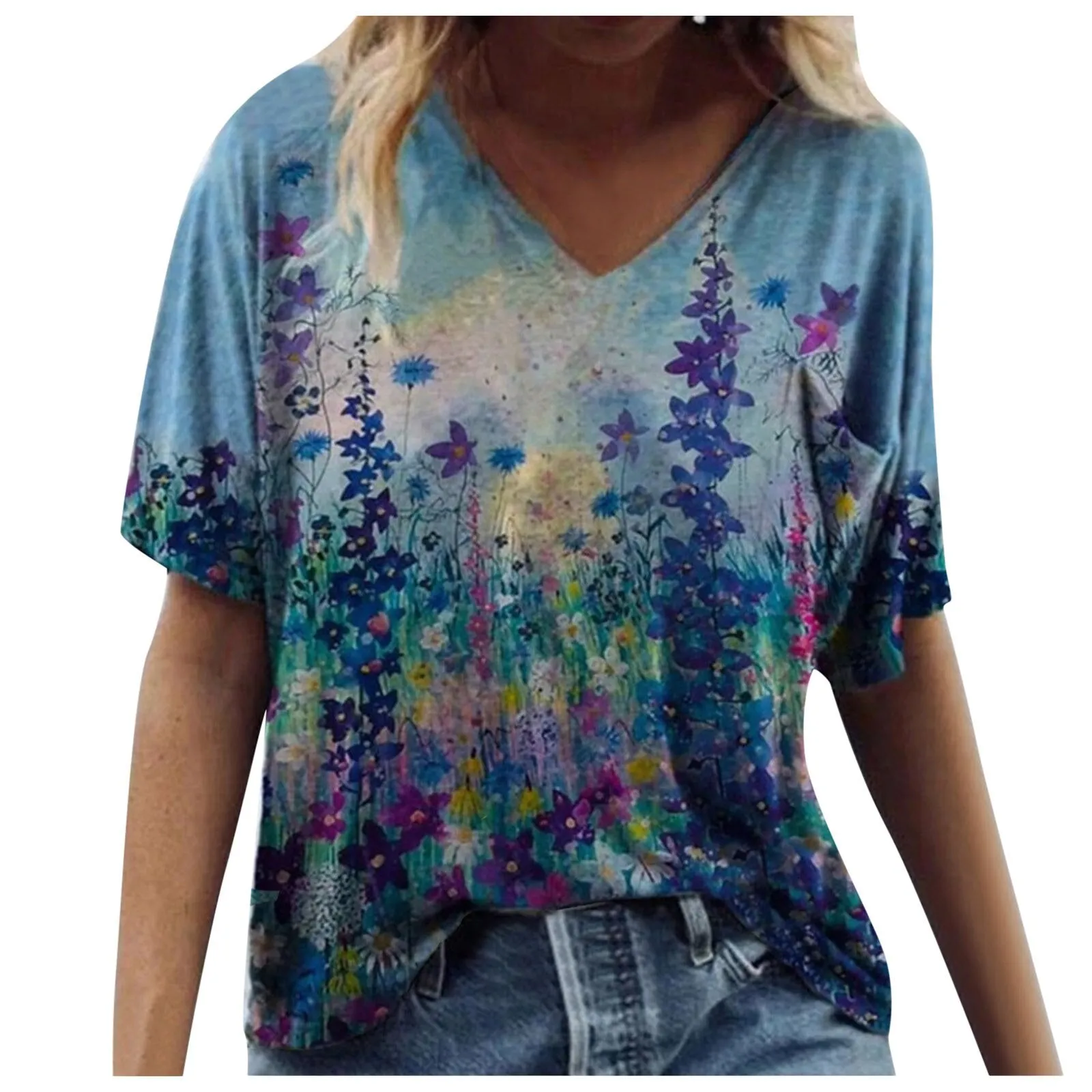 5xl Plus Size Floral Blouses Women Printing Short Sleeve Shirts V neck