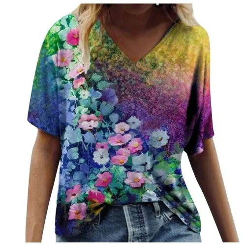 5xl Plus Size Floral Blouses Women Printing Short Sleeve Shirts V neck
