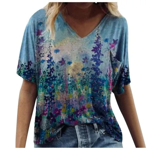 5xl Plus Size Floral Blouses Women Printing Short Sleeve Shirts V neck