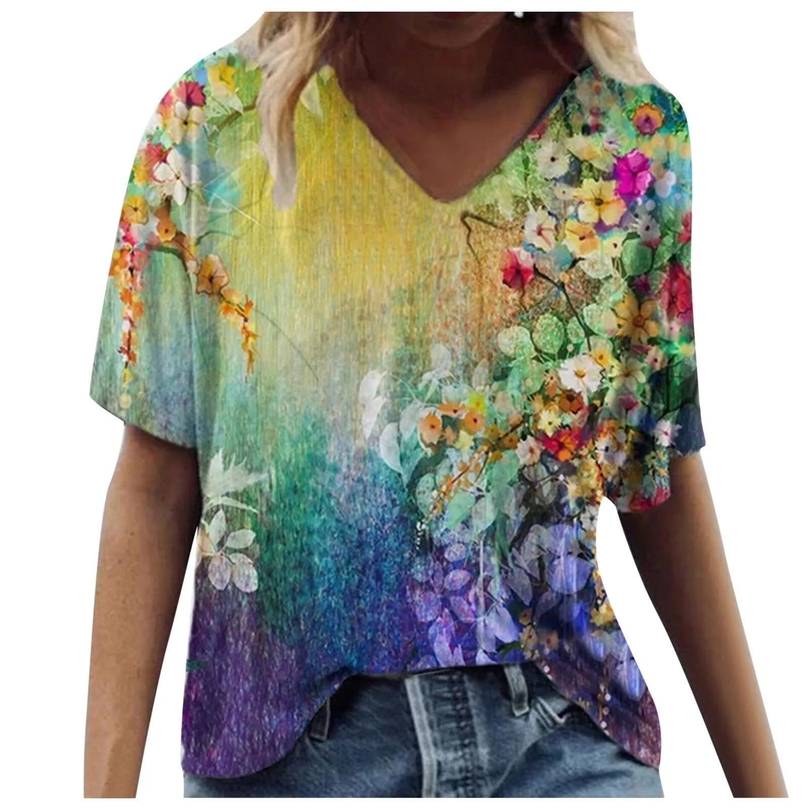 5xl Plus Size Floral Blouses Women Printing Short Sleeve Shirts V neck