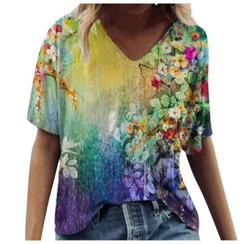 5xl Plus Size Floral Blouses Women Printing Short Sleeve Shirts V neck