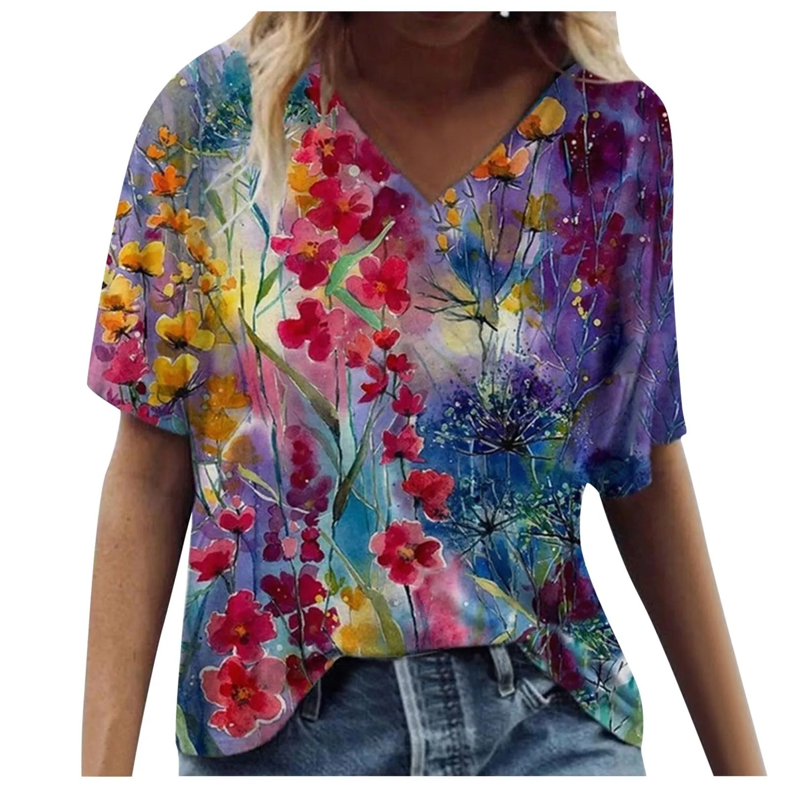 5xl Plus Size Floral Blouses Women Printing Short Sleeve Shirts V neck