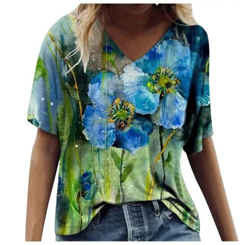 5xl Plus Size Floral Blouses Women Printing Short Sleeve Shirts V neck