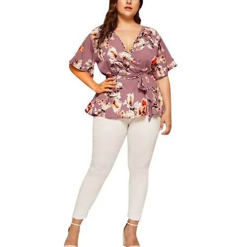 5xl Plus Size Floral V neck Shirt Women's Casual Short Sleeve Tunic