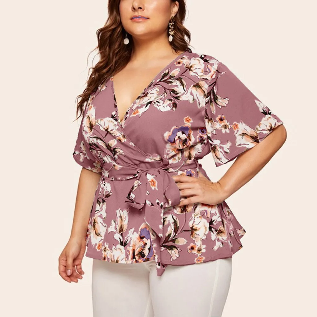 5xl Plus Size Floral V neck Shirt Women's Casual Short Sleeve Tunic