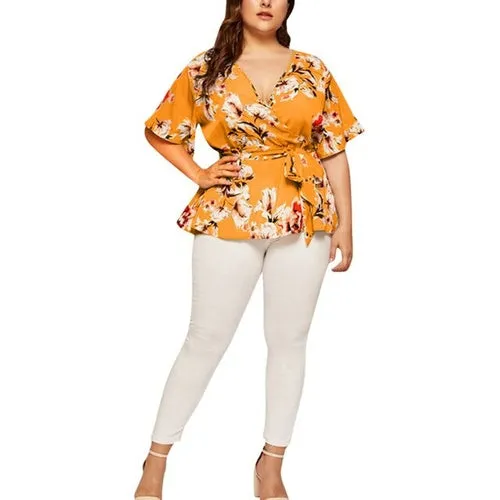 5xl Plus Size Floral V neck Shirt Women's Casual Short Sleeve Tunic