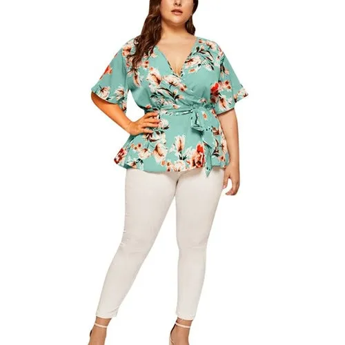5xl Plus Size Floral V neck Shirt Women's Casual Short Sleeve Tunic