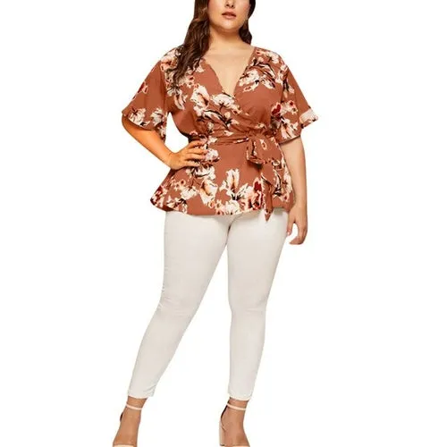 5xl Plus Size Floral V neck Shirt Women's Casual Short Sleeve Tunic