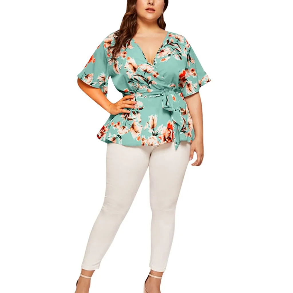5xl Plus Size Floral V neck Shirt Women's Casual Short Sleeve Tunic