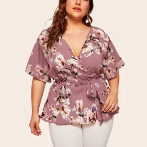 5xl Plus Size Floral V neck Shirt Women's Casual Short Sleeve Tunic