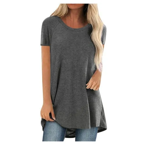 5xl Plus Size Women's Tunic Soild Fashion Long Shirts Round Neck Short