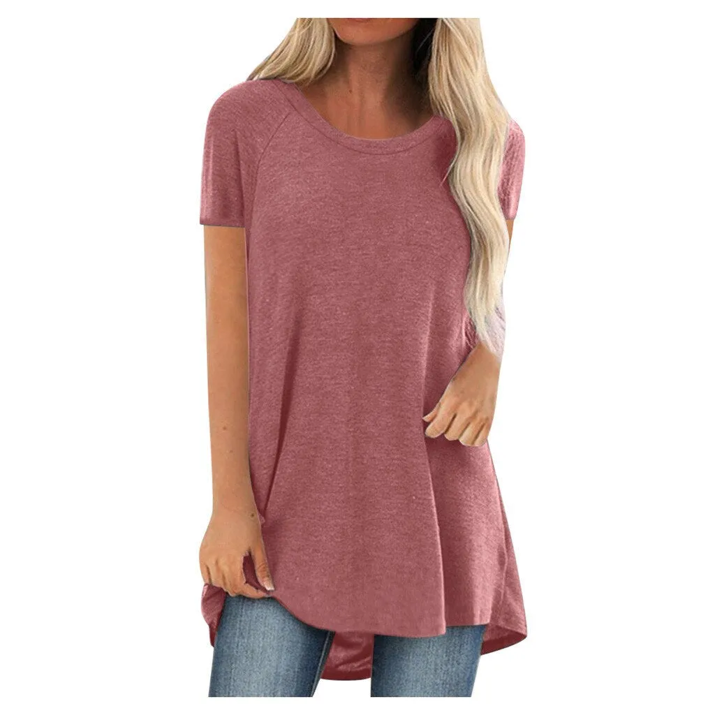 5xl Plus Size Women's Tunic Soild Fashion Long Shirts Round Neck Short