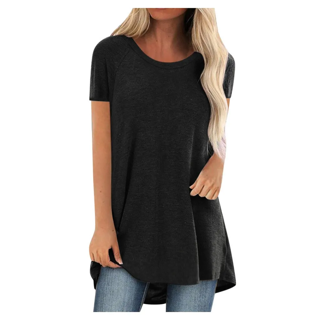 5xl Plus Size Women's Tunic Soild Fashion Long Shirts Round Neck Short