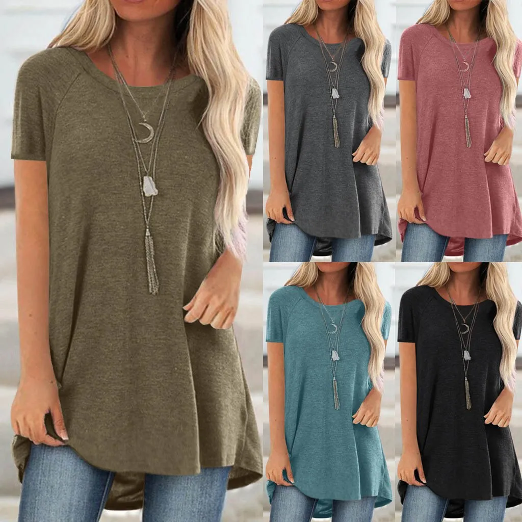5xl Plus Size Women's Tunic Soild Fashion Long Shirts Round Neck Short