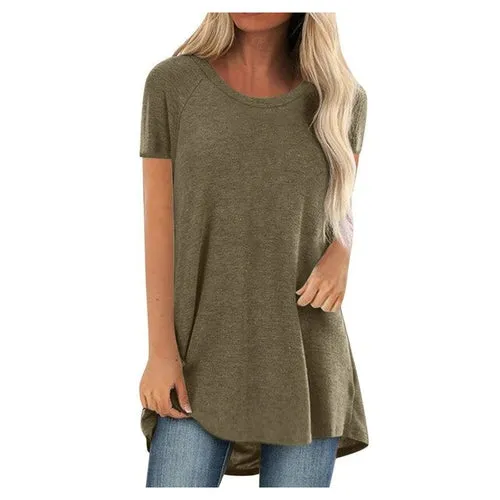 5xl Plus Size Women's Tunic Soild Fashion Long Shirts Round Neck Short