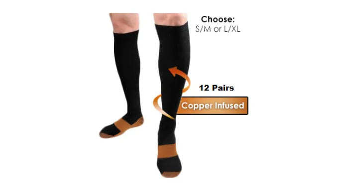 6 or 12 Pairs: Copper Infused Compression Socks - Reduces Pain and Swelling in Calves & Ankles - Ships Same/Next Day!