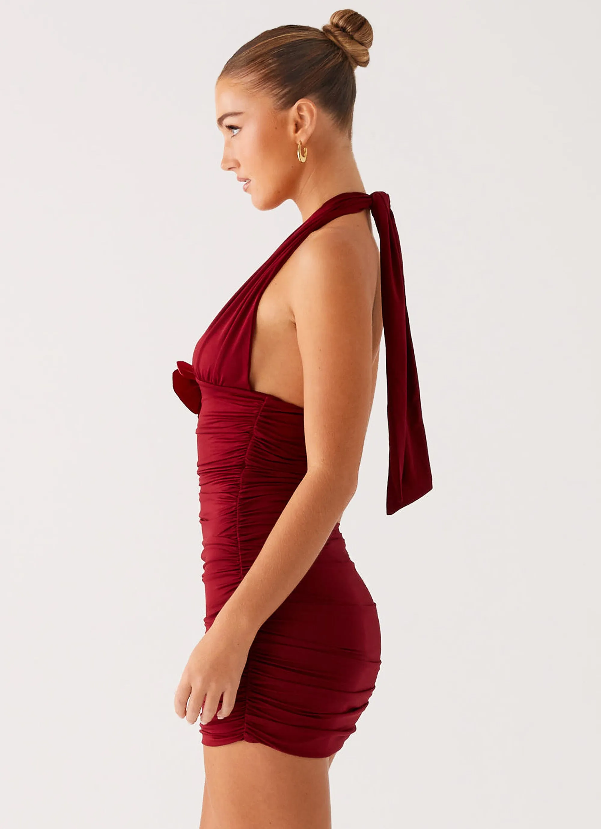 Abelia Halter Mini Dress - Maroon Slim Silhouette Perfect Fit